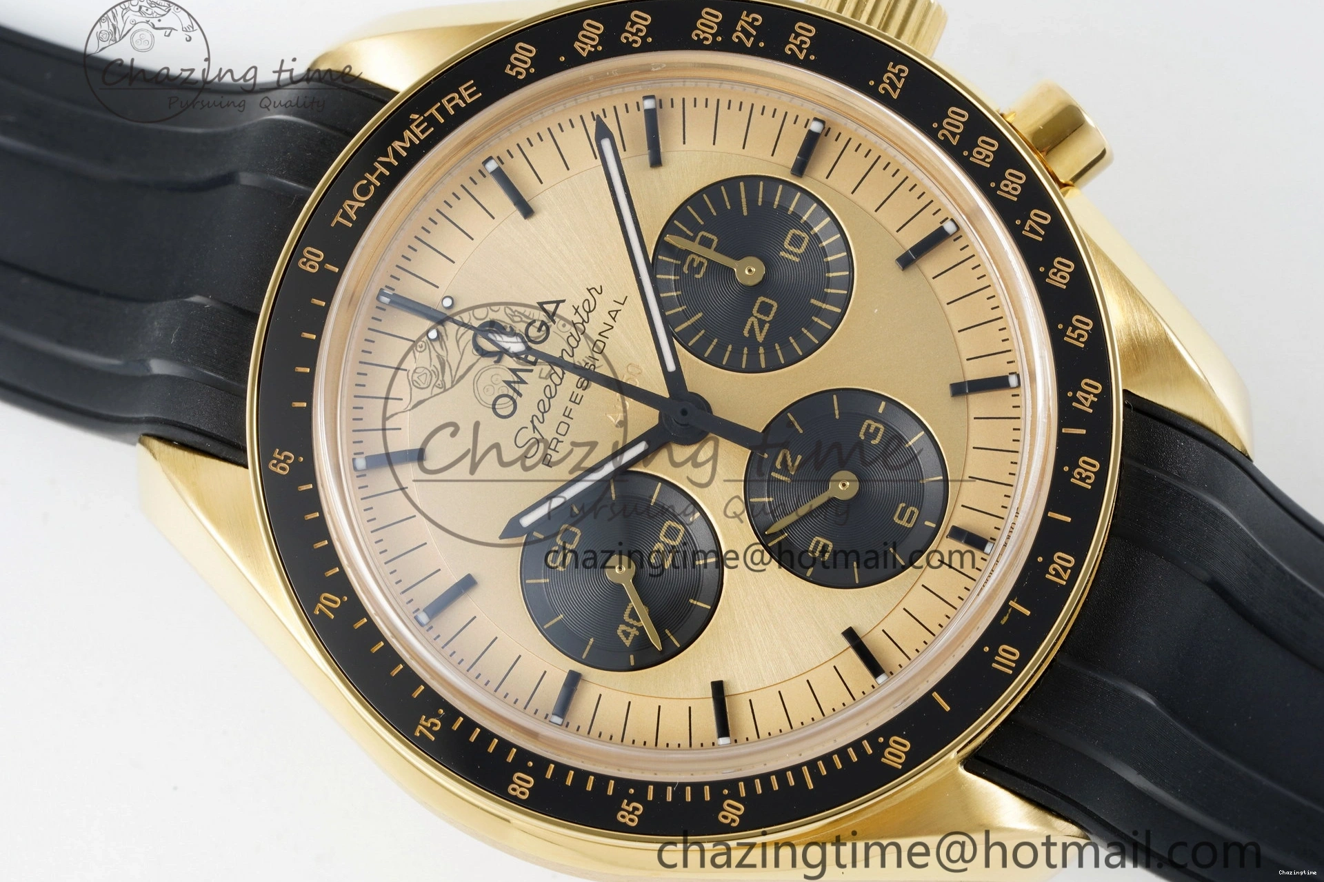 0421 TimelessDesign Speedmaster Moonwatch in Moonshine Gold YG RMF Best Edition YG Dial on Black Rubber Strap Manual Chrono 7834